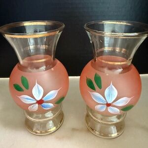 Bartlett Collins Glass Vase Hand Painted Orange Gold Set of 3 Floral